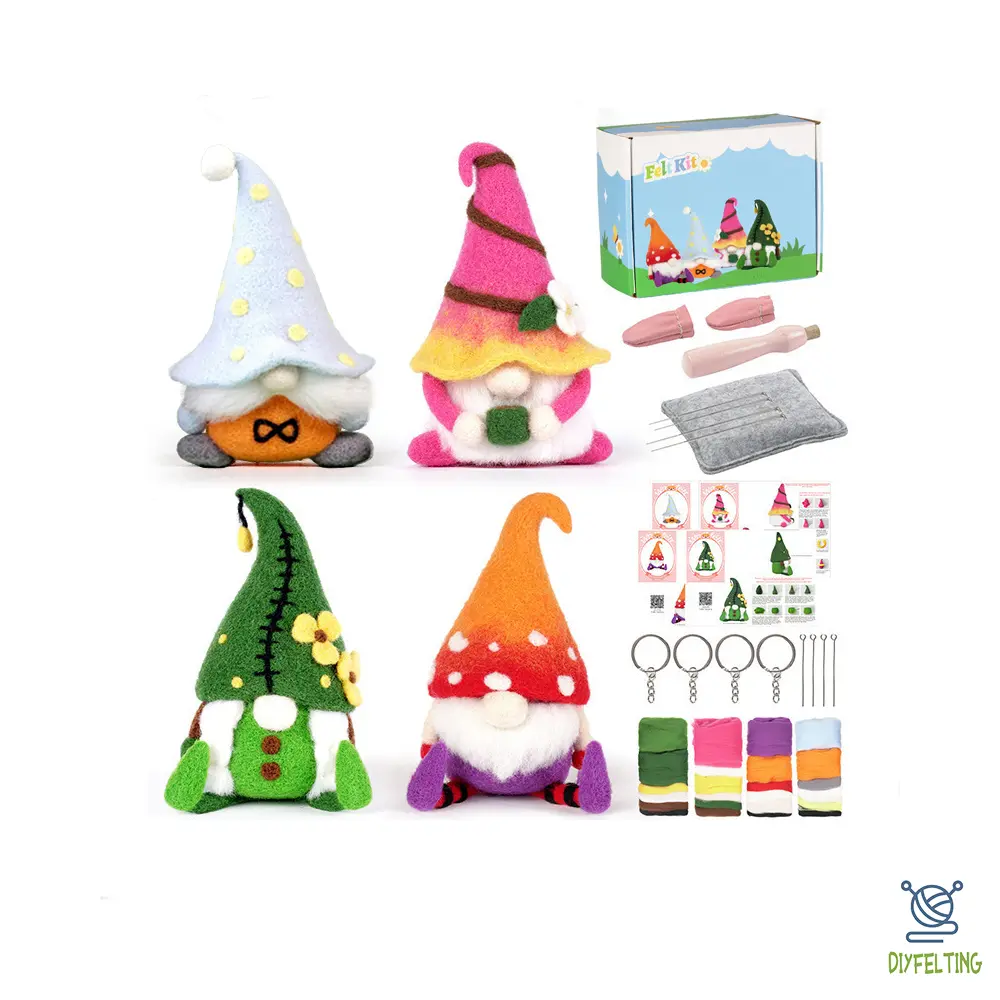 Needle Felting Gnome Kit for Beginners - 4 Faceless DIY Keychain Set - Image 5