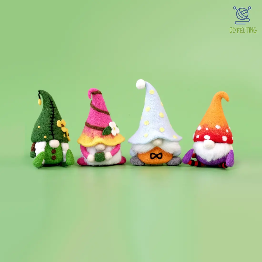 Needle Felting Gnome Kit for Beginners - 4 Faceless DIY Keychain Set