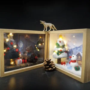 Handmade Felt Christmas Shadow Box Light Up – 3D Needle Felted Holiday Decor